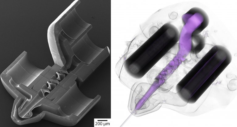 zwei Bilder: links: Elektronenmikroskopische Aufnahme einer leeren Mischdüse; rechts: röntgentomographische Funktionsanalyse der gefüllten Mischdüse