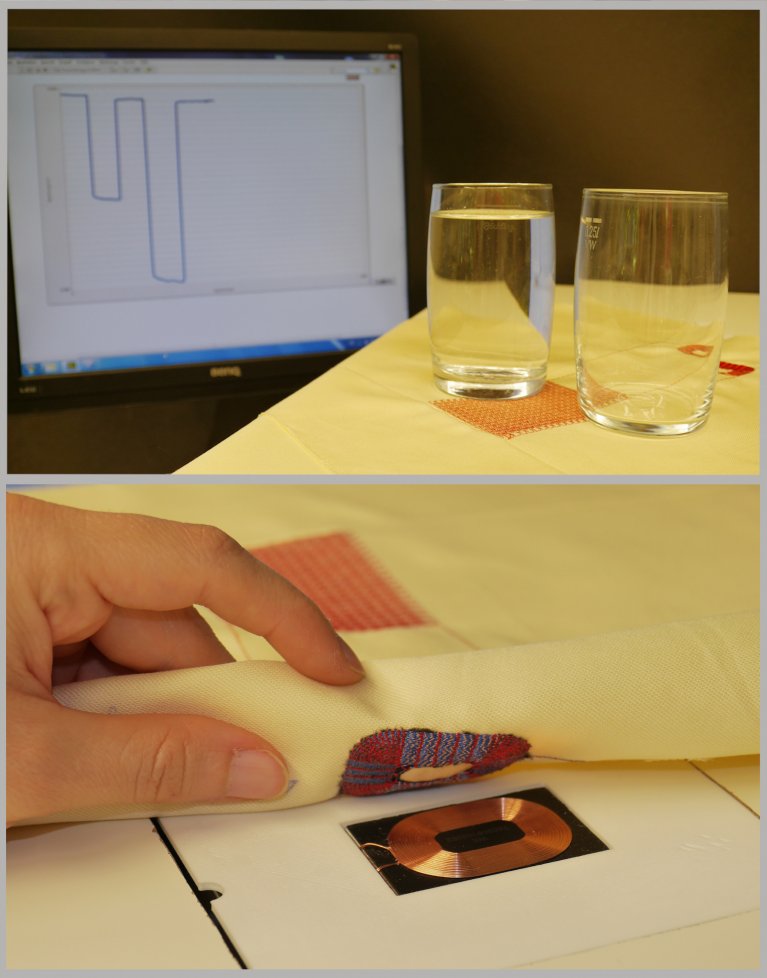 Ein Tischtuch wird von einer Hand angehoben und ein Sensor aus Drahtgeflecht erscheint darunter.
