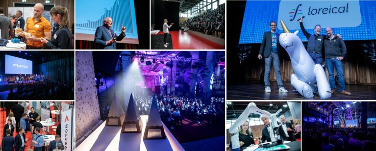 Eine Bildercollage aus Bildern von Messeständen, Vortragenden mit weißem Einhorn und verschiedene Menschen bekommen die neuesten Innovationen erklärt.
