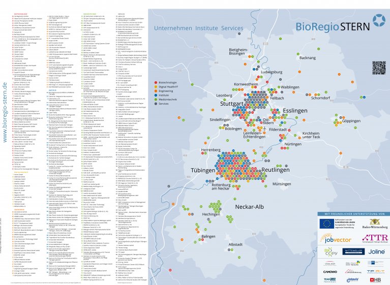 Eine Landkarte der BioRegion mit Unternehmen aus der Branche
