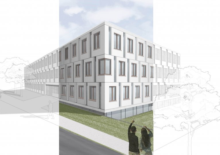 Bild zur Visualisierung des Erweiterungsbaus. Modellbild, wie der Erweiterungsbau bei Beendigung der Bauarbeiten aussehen wird