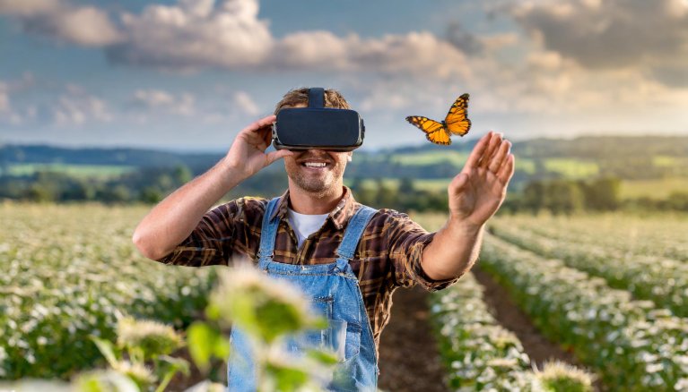 A man wearing VR goggles stands in a field and reaches out for a butterfly.