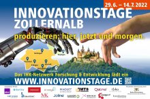 Infobild zu den Innovationstagen Zollernalb mit Informationen zum Zeitpunkt (29.6. bis 14.7.2022) und den teilnehmenden Unternehmen und Hochschulen