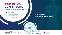 Informationsbild zu der "Viren in der Medizin" Veranstaltung. Links grobe Auflistung der Inhalte und rechts Informationen zu Veranstaltungsort und -tag. Unten Infos zu den Veranstaltern.